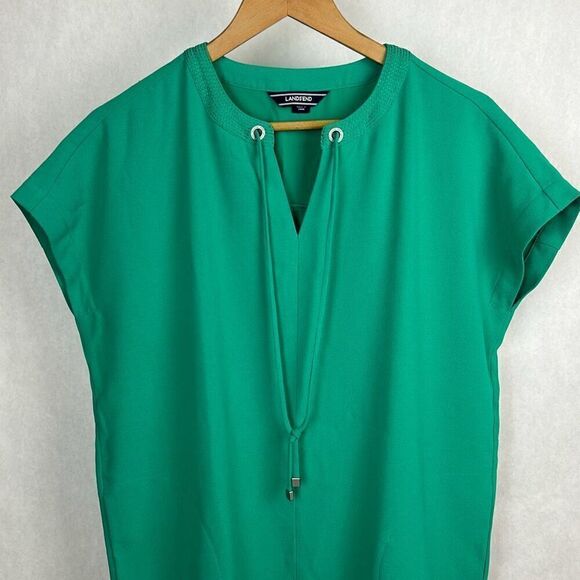 Lands' End Shift Dress Sz 8P Green Tie Slit Neck Short Sleeve Side Pockets - Picture 2 of 8